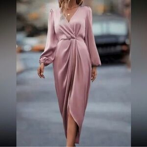 Never Fully Dressed - Mink Long Sleeve Wrap Dress